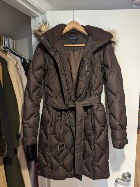 Lands End Coat Womens S Goose Down Puffer Brown Detachable Fur Trim Hood