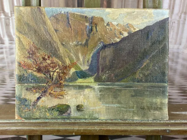 Ölgemälde Landschaft See Vor Gebirge Gemälde Signiert W. Rösch