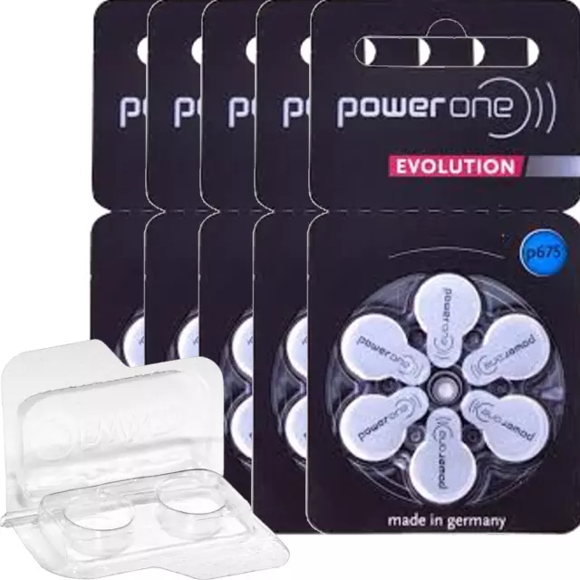 30 batterie per apparecchi acustici Power One Evolution con custodia P675...