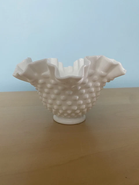Vintage Fenton Ruffled Hobnail Bowl Milk Glass Candy Dish 6.5”