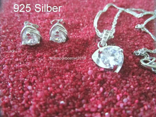 925 Silber-Schmuck Set- Zirkon Herz-  Kette -Anhänger- Ohrstecker Hochzeit Liebe 3