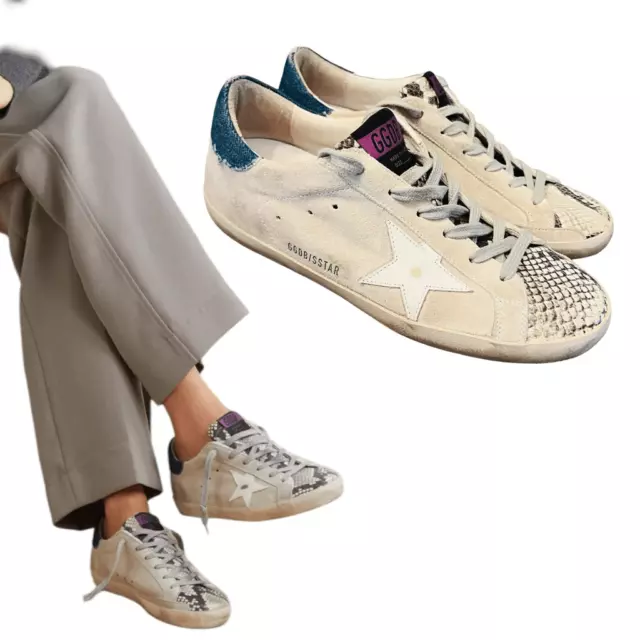 GOLDEN GOOSE Superstar denim-trimmed distressed snake-effect leather sneakers