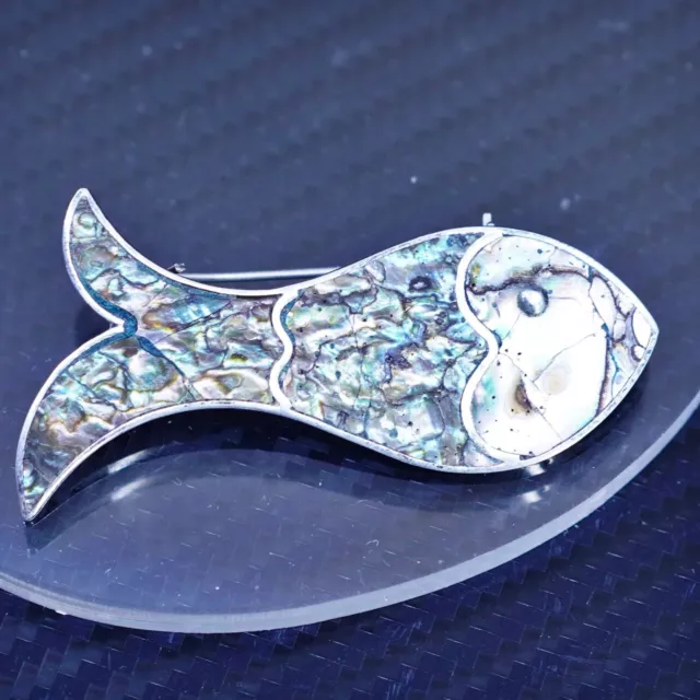 Vintage taxco Hecho en sterling silver 925 handmade abalone fish brooch