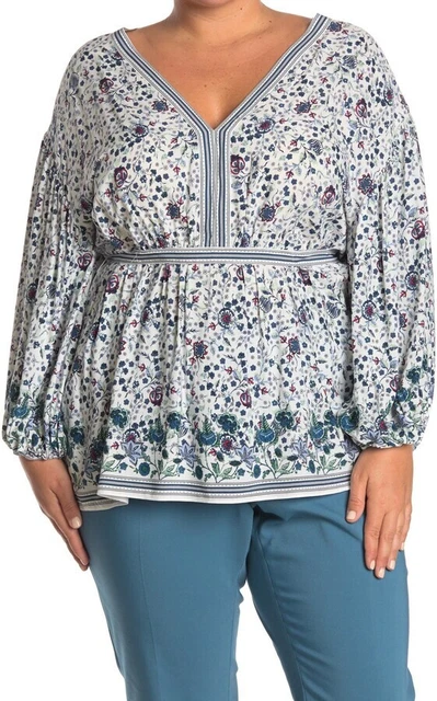 MAX STUDIO Long Sleeve V-neck Empire Waist Top PLUS SIZE 2X 99$ BLUE