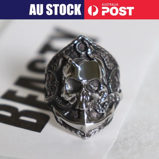 Men's Pirate Skull Compass Anchor Punk Stainless Steel Ring Men Size 10 New Gift