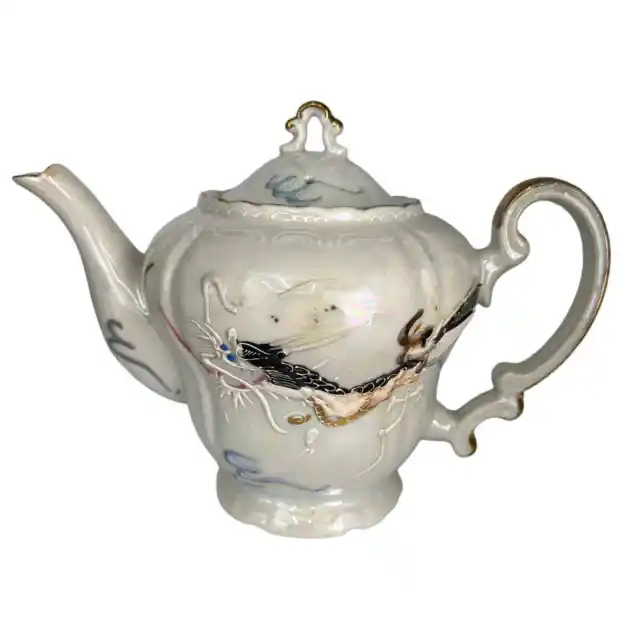 Dragonware Moriage White Luster Iridescent Teapot with lid serveware oriental