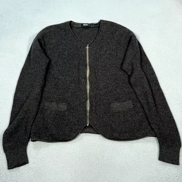 Hugo Boss Sweater Womens Large Gray 100% Merino Wool Full zip Cardigan