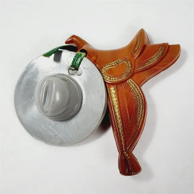 Vintage Cowboy Plastic Celluloid Horse Saddle w/ Dangle Hat Western Brooch Pin