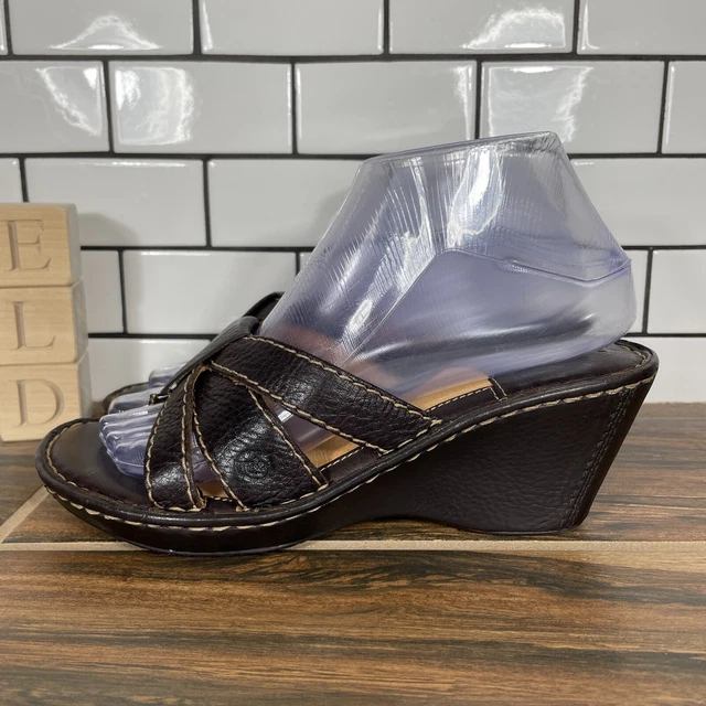Born Womens Size 7 Shoes Brown Leather Comfort Wedge Slip On Slide Sandal