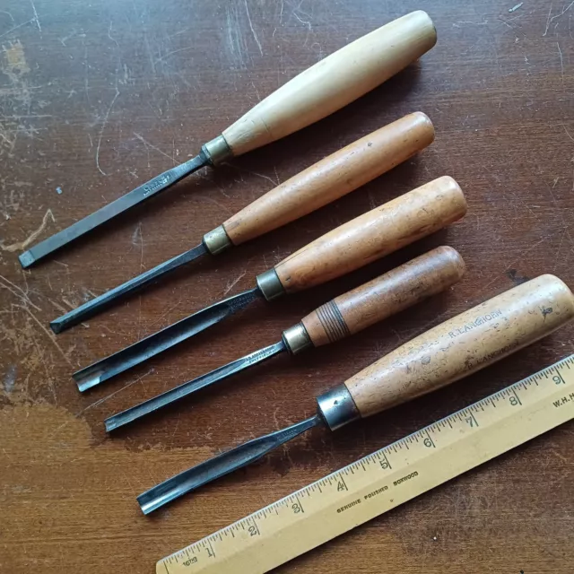 5 GOOD J.B. ADDIS etc. Vintage Carving GOUGES & Carpentry Wood Chisels