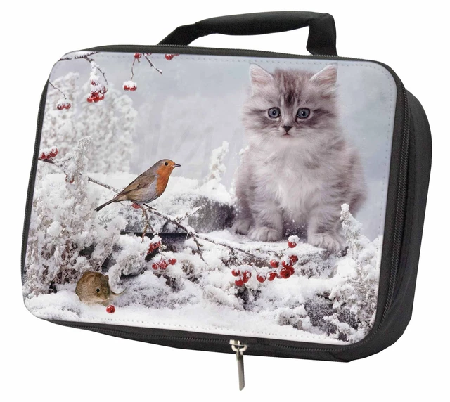 Kitten and Robin en Nieve Estampado Negro Aislado Almuerzo Escolar Bolsa, AC-119LBB