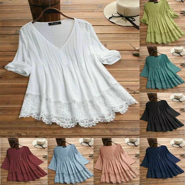 Womens Summer Casual Lace Long Sleeve T Shirt V Neck Blouse Loose Tops Pullover