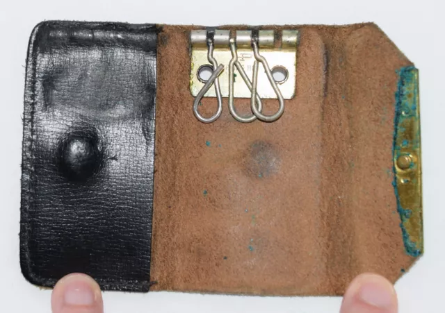 Vintage Tri-Fold Key Holder Wallet Case Pouch Black Leather Cowhide