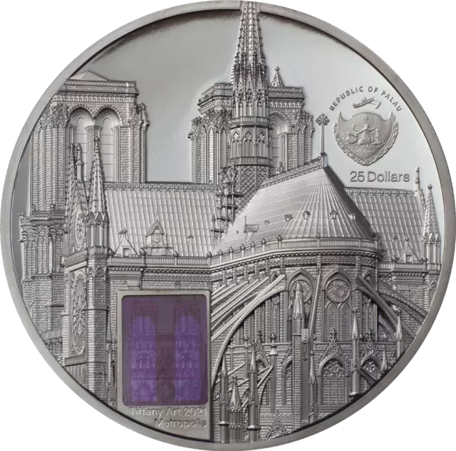 2021 Palau $25 NOTRE DAME DE PARIS Tiffany Art 5 Oz Silver Coin 2
