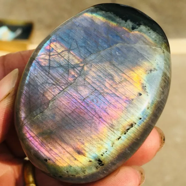 145g Super Beautiful Flash Purple Labradorite Crystal Gemstone Palmstone Healing