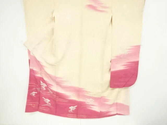 46743# Japanese Kimono / Antique Furisode / Embroidery / Rough Wave & Egasum