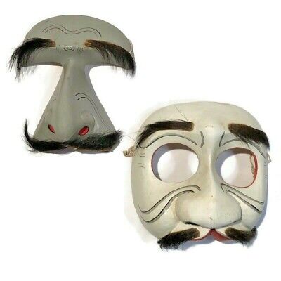 Set of 2 Hand Carved Wooden Bali Kabuki Style Masks Real Human Hair Decorative