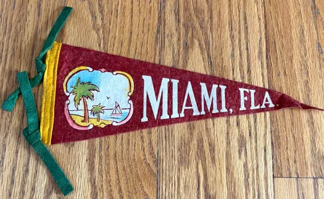 Vintage Miami Florida Beach Palm Tree Sailboat Red Felt Pennant Flag 11x4