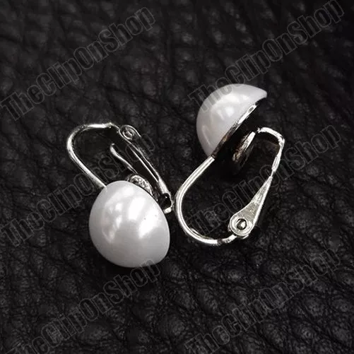 CLIP ON 10mm WHITE PEARL fake studs NON-PIERCED EARRINGS silver fashion clips