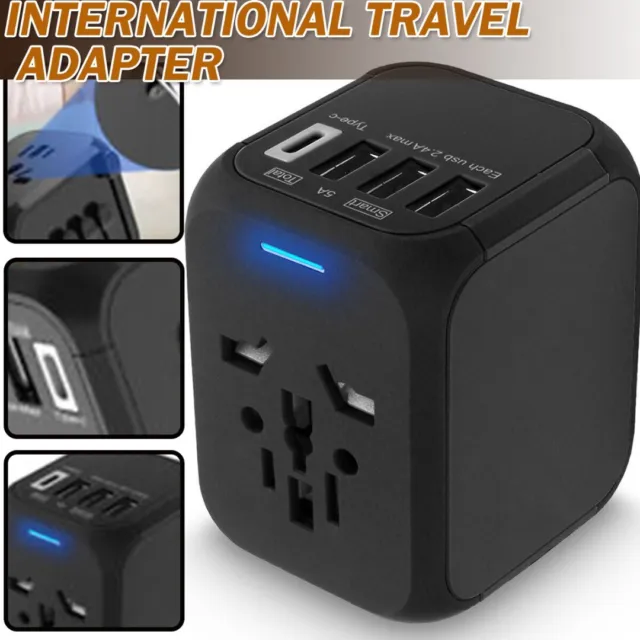 International Travel Adapter 3 USB Type-C Wall Power Charger 5A Worldwide Plug A