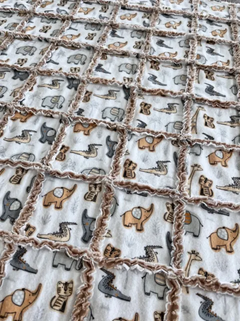 Rag Quilt Blanket/Baby Toddler Boy/Jungle Animals/Neutral Colors