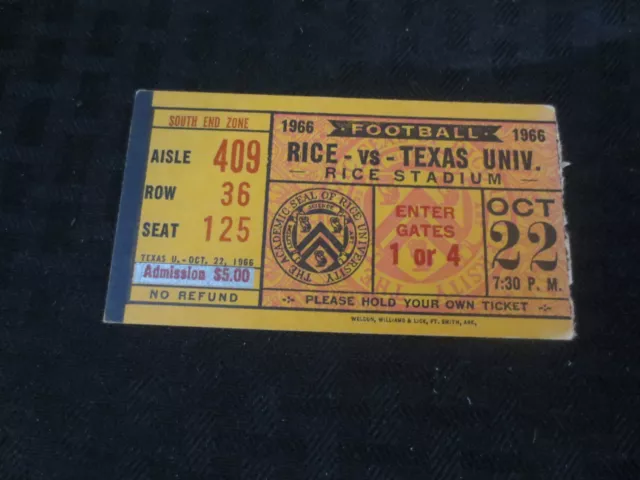 Texas Longhorns Football Ticket  VS Rice Owls Oct 22, 1966