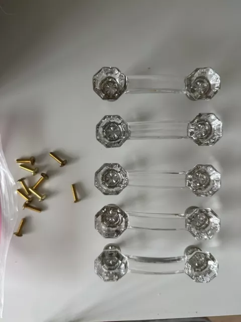 5 Antique Vintage CLEAR GLASS Dresser Drawer Cabinet PULLS Handles w/ Hardware