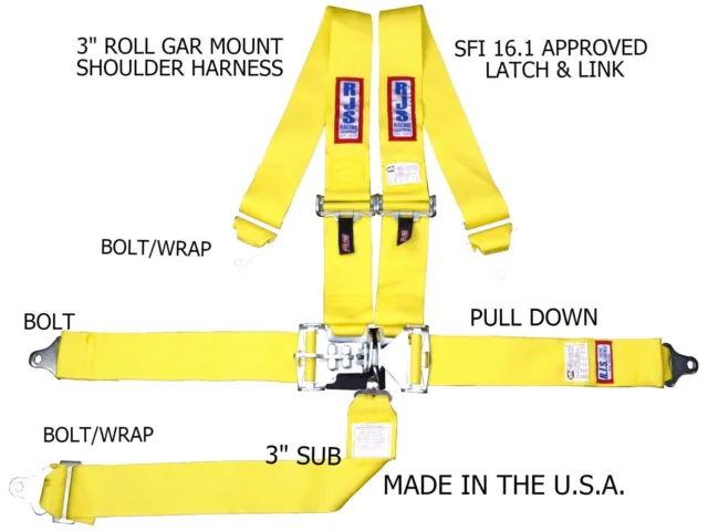 Rjs Racing Sfi 16.1 5Pt Latch & Link Harness Belt Roll Mount Bar Yellow 1128606