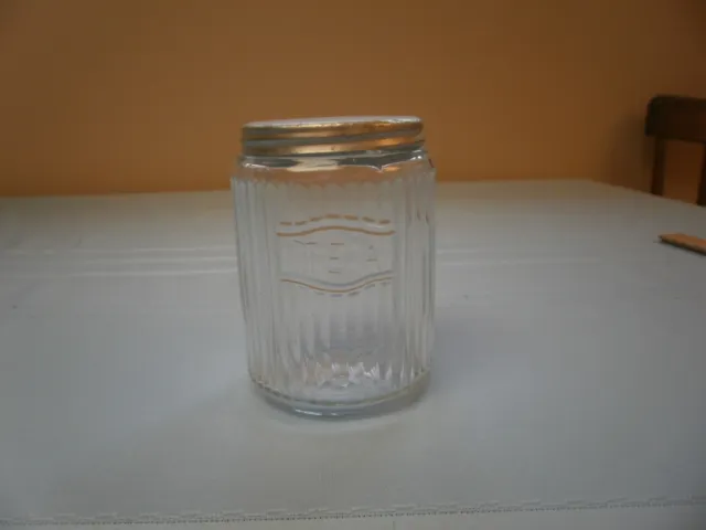 VINTAGE HOOSIER CABINET GLASS ROUND RIBBED TEA CANISTER JAR Aluminum Lid