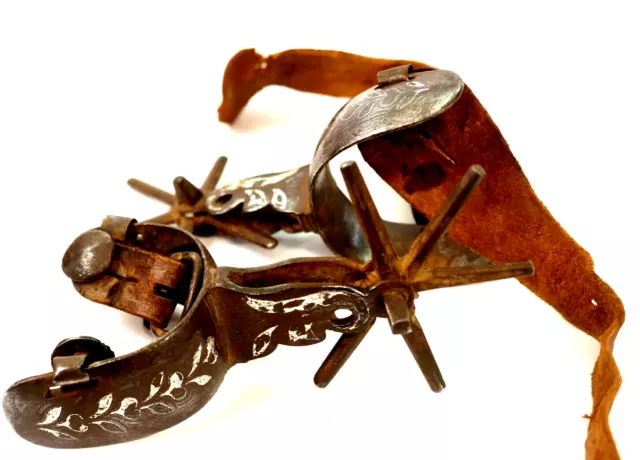 Early Hand-forged Southwest Silver Inlaid Thick Heel Band Cowboy Spurs 3.8"Rowel