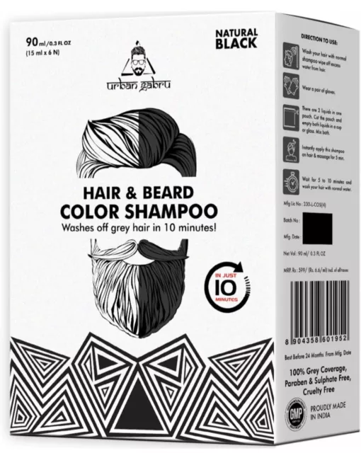 Urbangabru Hair and Beard Color Shampoo - Natural Black 90ml with Vitamin C ..