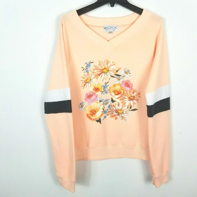 WILDFOX WOMENS PEACH Floral V Neck Pullover Sweatshirt Size S