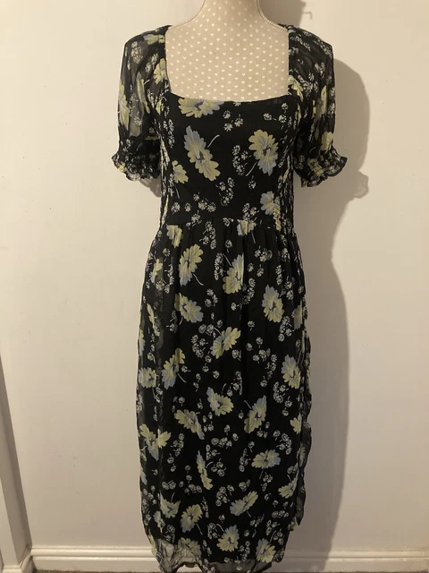 RED HERRING BLACK Floral Midi Tea Dress Size 12 Sheer Sleeves 10.00 PicClick UK