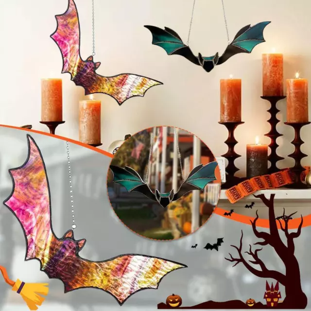 Halloween Bat Stained Glass Suncatcher Window Hanging Wall NIC Art Acrylic F9F6