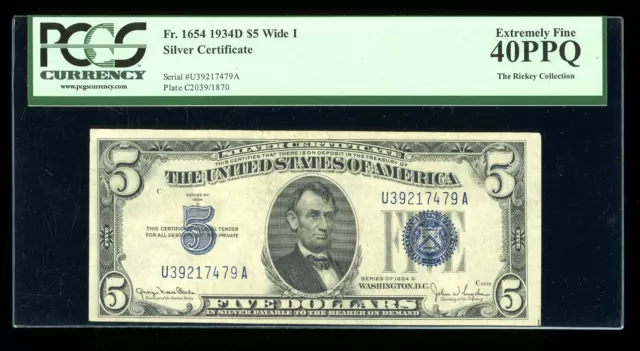 DBR 1934-D $5 Silver Fr. 1654Wi Wide I UA Block PCGS XF-40 PPQ Serial U39217479A