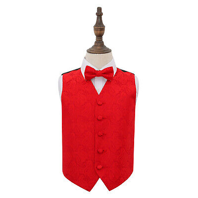 Red Boys Waistcoat & Bow Tie Set Woven Floral Paisley Formal Wedding Vest by DQT