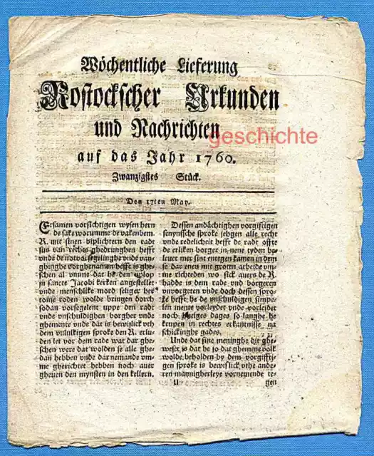 Mecklenburg, Rostocksche Zeitung, Urkunden und Nachrichten, 20. Stück, um 1760 !