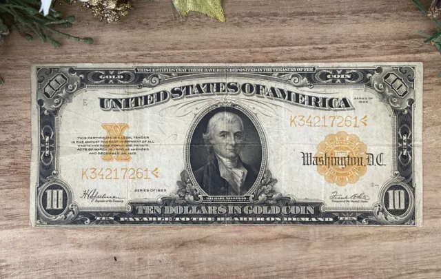 Ten Dollar Bill $10 Series 1922 Banknote Currency Gold Certificate Lg Sz Antique