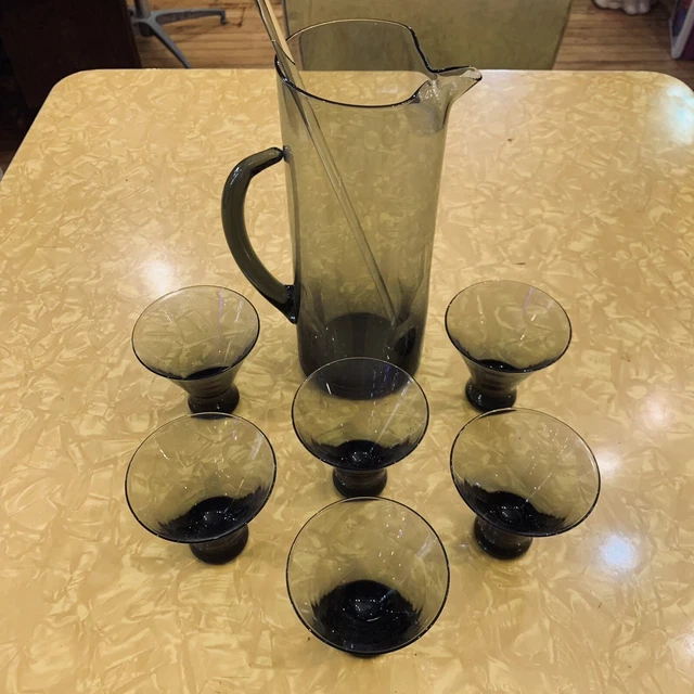 Vintage Morgantown Martini Cocktail Set Pitcher Stir 6 Glasses Smoke Normandie