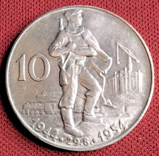1954 CZECHOSLOVAKIA 10th ANNIVERSARY OF SLOVAK UPRISING 10 KORUN SILVER COIN