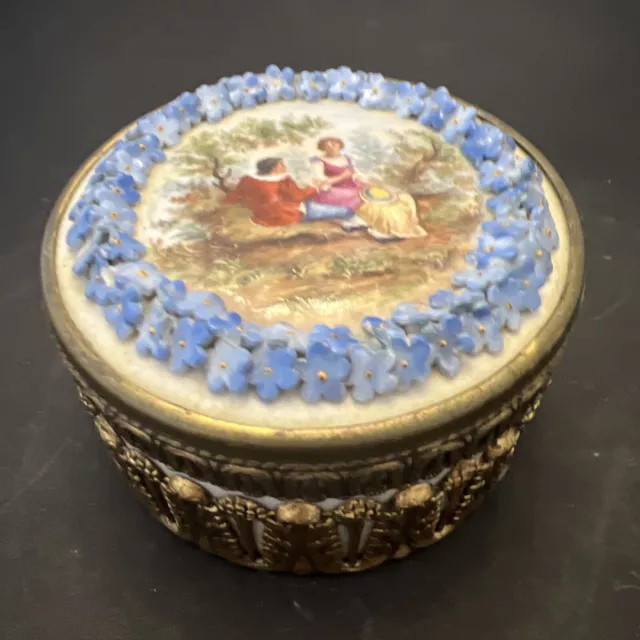 Elfinware Germany Dresser Trinket Box Round Courting Couple Ormolu App Flowers