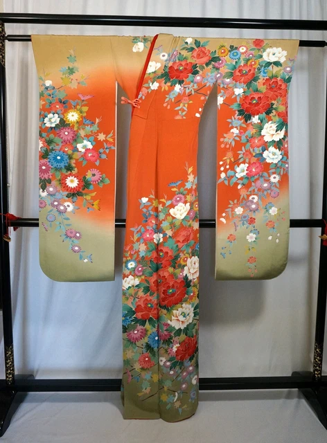 Japanese kimono SILK"FURISODE" long sleeves,Peonies, KIKU菊, Sign, L5'3"..3366