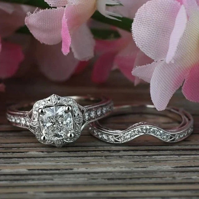 Art Deco 3.5 CT Cushion Cut Diamond Women's Matching Wedding Ring Set 925 Silver