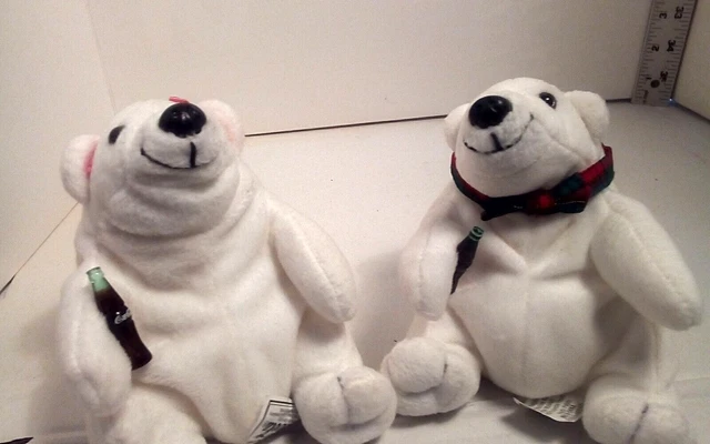 2 Coca Cola White Polar Bears Plush 9" Sitting 1997 Vintage Boy & Girl with tags