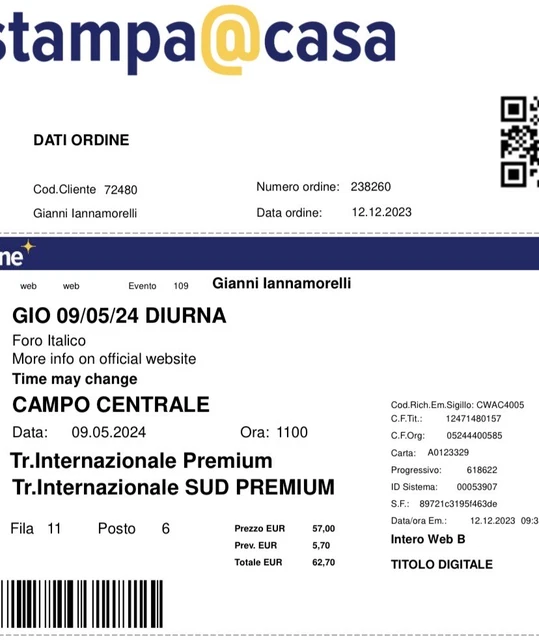 BIGLIETTI INTERNAZIONALI CAMPO centrale 9/5/2024 EUR 180,00 PicClick IT