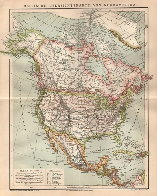 Politische Übersichtskarte von Nordamerika historische Landkarte 1885 Canada