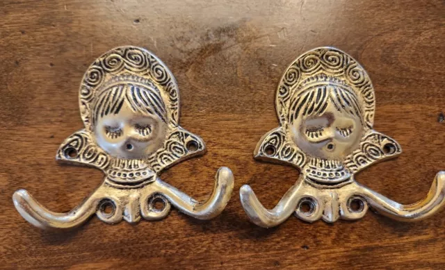 2 1968 American Tack & HDW Girl Double Hook Brass Wall Hanger decor hardware set