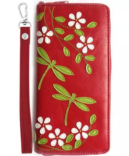 Dragonfly Insect Daisy Applique Red Vegan Leather Lg Wallet Wristlet Lavishy