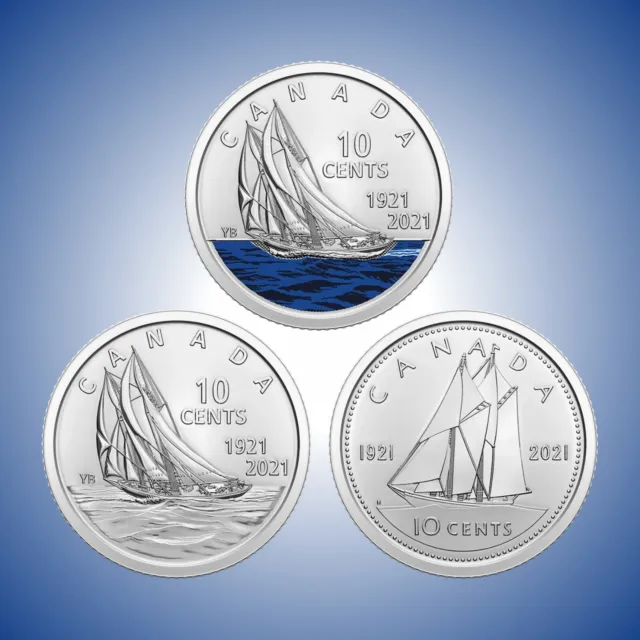 1921 - 2021 Bluenose 100th Anniv. 🇨🇦 Canada 10 Cents Dime (3 BU coins set)