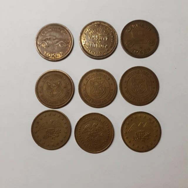 Assorted Amusement Gaming Arcade Tokens Car Wash Tom E Tiger Eagle 9 ct
